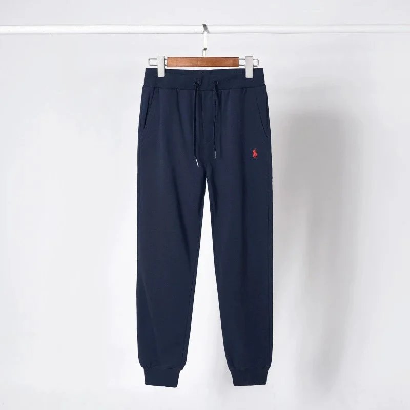Blue pants with red label